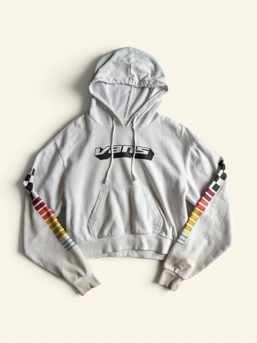 Vans Womens Hi-Perf Cropped Hoodie Size XS White Rainbow Sleeve Checkerboard Y2K